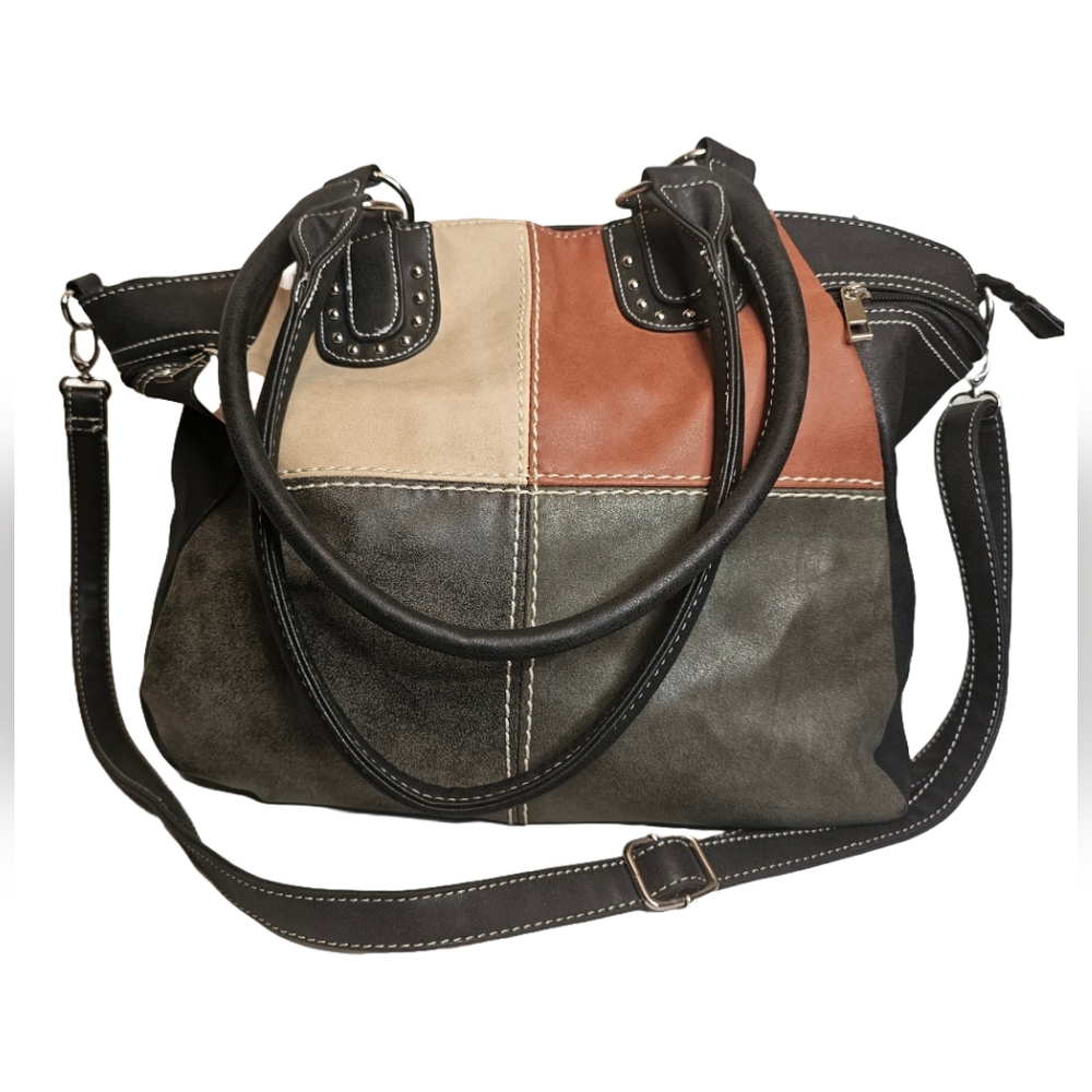 SOFT FAUX LEATHER LG TOTE PURSE MULTICOLOR BLOCK PATTERN DOUBLE HANDLES & STRAP